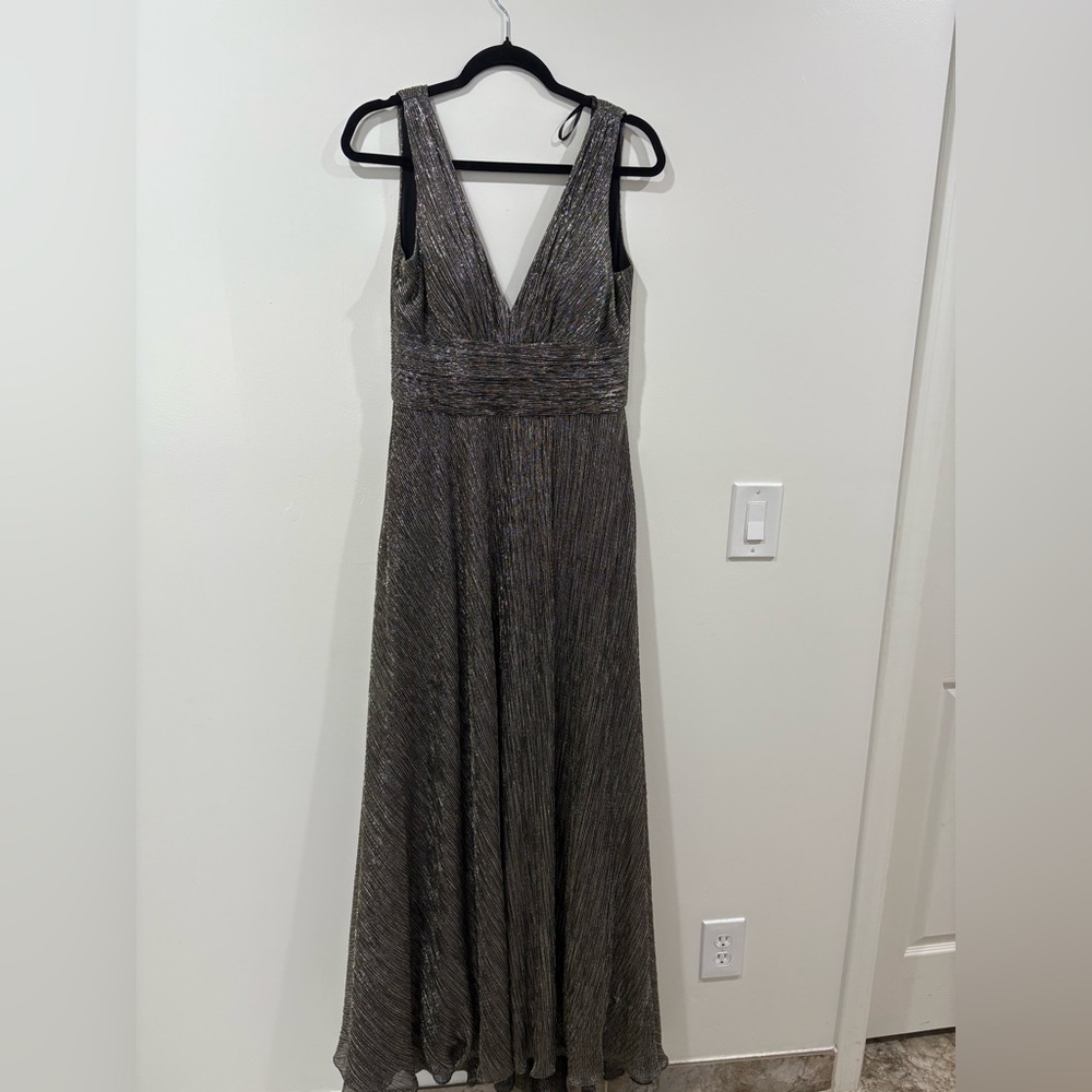 Betsy & Adam Shimmering Silver Formal Maxi Dress- perfect for Holiday Parties!